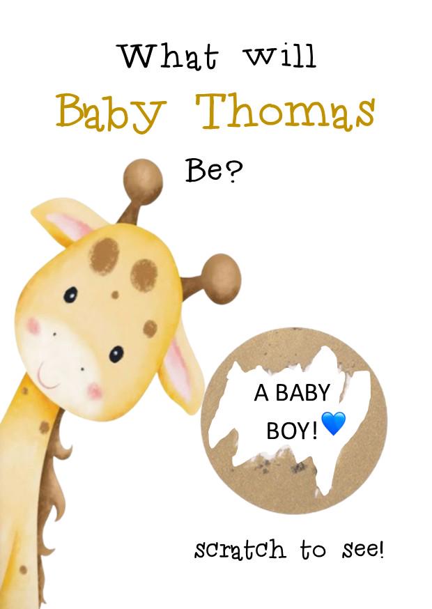 Personalised Gender Reveal Scratch Card: Boy or Girl Baby Shower Game -Giraffe theme