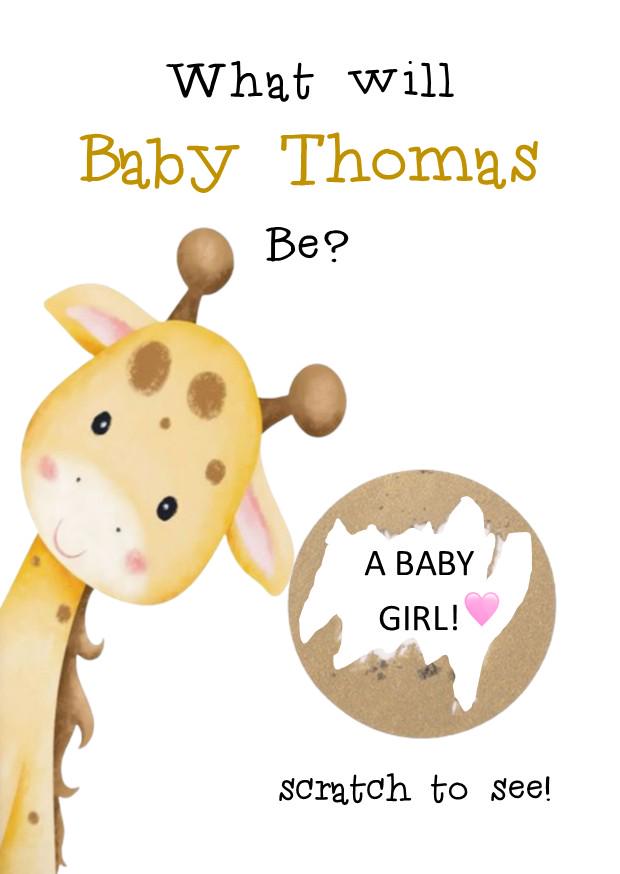 Personalised Gender Reveal Scratch Card: Boy or Girl Baby Shower Game -Giraffe theme