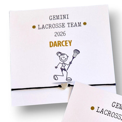 Lacrosse Team Wish Bracelet: Custom Sports Gift, Team Bonding , Charm 2 designs - Congratulations, support gift