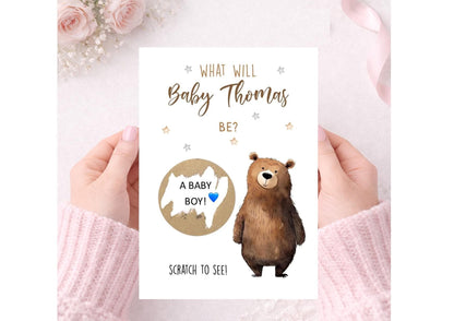 Personalised Gender Reveal Scratch Card: Boy or Girl Baby Shower Game -Cute Bear theme