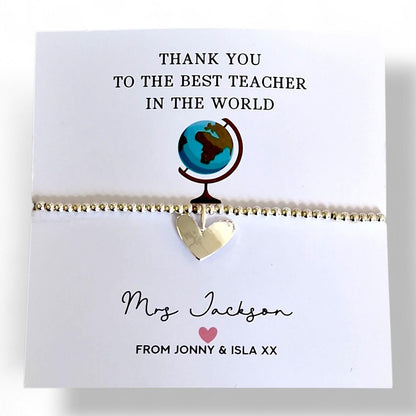 Personalised Teacher Thank You Bracelet: School - Best teacher in the world - Silver Beaded Charm - Appreciation