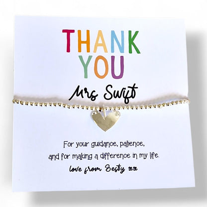 Personalised Teacher Thank You Bracelet: School - Guidance, patience, making a difference - Silver Beaded Charm - Appreciation