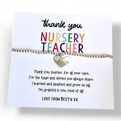 Personalised Nursery Teacher Thank You Bracelet: School - Care, Hugs and story's- Silver Beaded Charm - Appreciation
