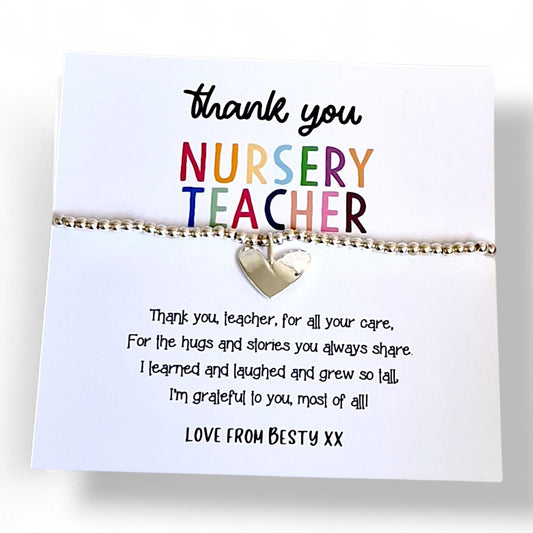 Personalised Nursery Teacher Thank You Bracelet: School - Care, Hugs and story's- Silver Beaded Charm - Appreciation