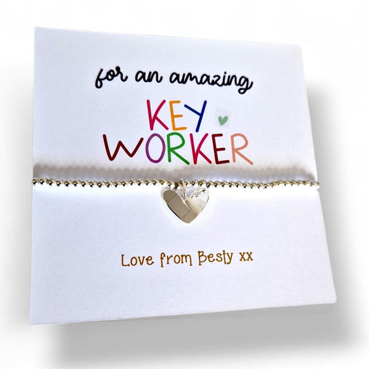 Personalised Keyworker Teacher Thank You Bracelet - Silver Beaded Charm - Appreciation Gift for Teachers - Custom School Thank You Gift