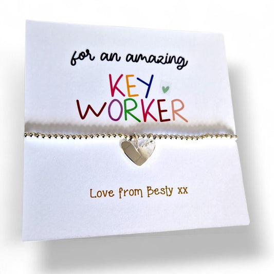 Personalised Keyworker Teacher Thank You Bracelet - Silver Beaded Charm - Appreciation Gift for Teachers - Custom School Thank You Gift