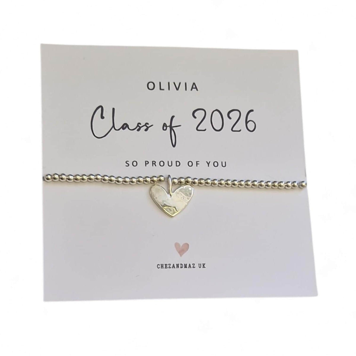 Class of 2026 Bracelet | So Proud of You Gift | Graduation Keepsake | Silver Beaded Stretch Bracelet | Circle or Heart Charm | End of School