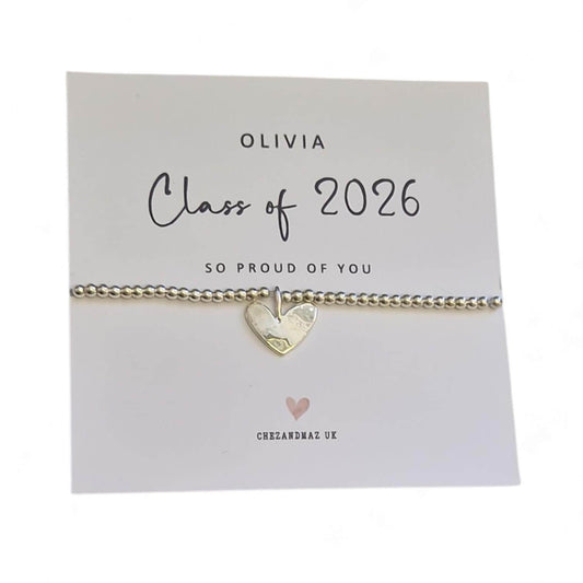 Class of 2026 Bracelet | So Proud of You Gift | Graduation Keepsake | Silver Beaded Stretch Bracelet | Circle or Heart Charm | End of School
