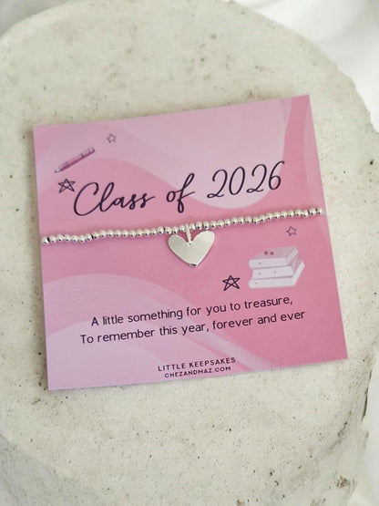 Class of 2026 Bracelet | So Proud of You Gift | Graduation Keepsake | Silver Beaded Stretch Bracelet | Acrylic Heart Charm | End of School