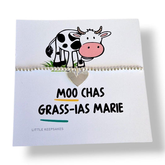 Moo-chas Grass-ias Funny Thank You Card, Muchas Gracias Cow Pun Card, Personalised Thank You Gift with Silver Plated Bracelet