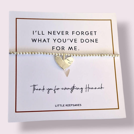Thank you for everything Personalised Silver Plated Charm Bracelet: Thank You Gift - I'll never forget what you've done for me.