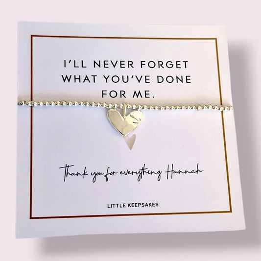 Thank you for everything Personalised Silver Plated Charm Bracelet: Thank You Gift - I'll never forget what you've done for me.