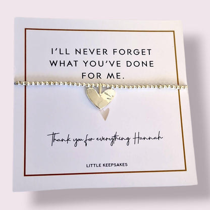 Thank you for everything Personalised Silver Plated Charm Bracelet: Thank You Gift - I'll never forget what you've done for me.
