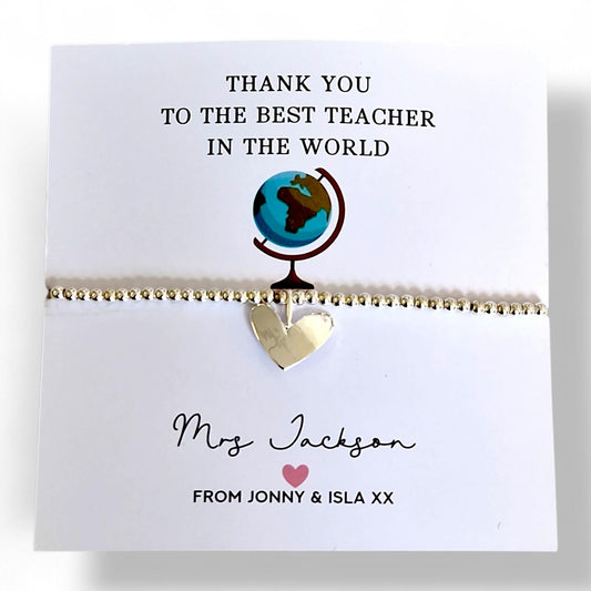 Personalised Teacher Thank You Bracelet: School - Best teacher in the world - Silver Beaded Charm - Appreciation