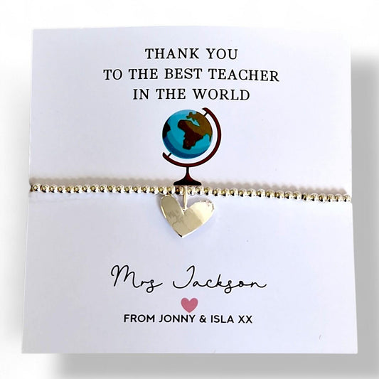 Personalised Teacher Thank You Bracelet: School - Best teacher in the world - Silver Beaded Charm - Appreciation