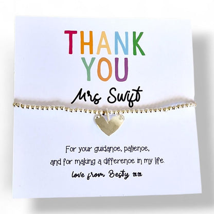 Personalised Teacher Thank You Bracelet: School - Guidance, patience, making a difference - Silver Beaded Charm - Appreciation