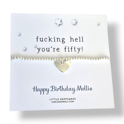 Funny 50th Birthday Card with Bracelet, “Fucking Hell You're Fifty ” Rude Birthday Gift, Milestone 50th Gift - Personalised