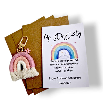 Macrame Keyring, Macrame Rainbow Teacher Keychain: Personalised Thank You Gift with card