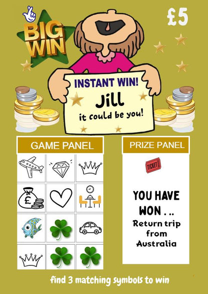 Big Win Scratchcard Personalised Scratch to Reveal Holiday Ticket: Surprise Holiday, Present, Gift, Christmas, Birthday