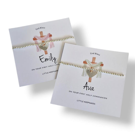 First Holy Communion, Personalised Bracelet: Silver Plated Heart Charm, God, Baptism
