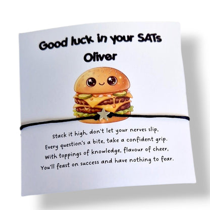 SATs Wish Bracelet, Kawai Burger Personalised Good luck gift for kids, Primary School Leavers, Exam Confidence