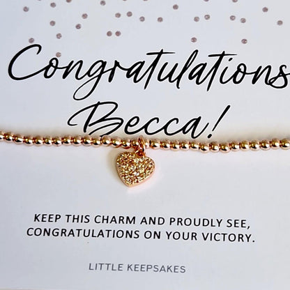 Congratulations Rose Gold Coloured Bracelet Diamante Heart Charm, Good Luck Gift for Her, Graduation, Friendship Jewellery, New Chapter