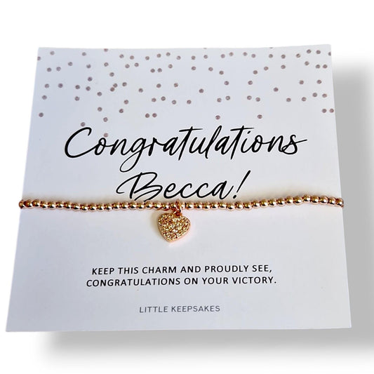Congratulations Rose Gold Coloured Bracelet Diamante Heart Charm, Good Luck Gift for Her, Graduation, Friendship Jewellery, New Chapter