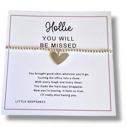 You Will Be Missed, Personalised Silver Plated Charm Bracelet, leaving gift, retirement, moving on - Miss having you