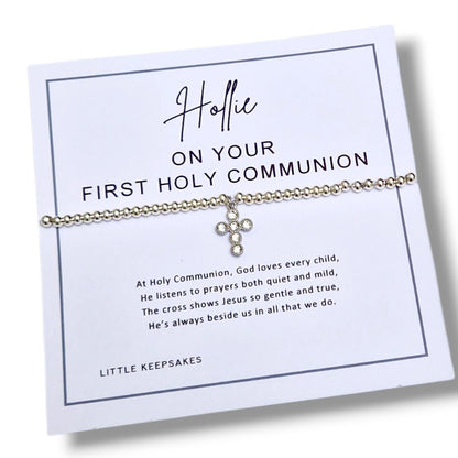 Holy Communion Bracelet: Silver Plated Heart Charm, Personalised  - Baptism - God - Religious - Cross Charm - Cubic Zirconia