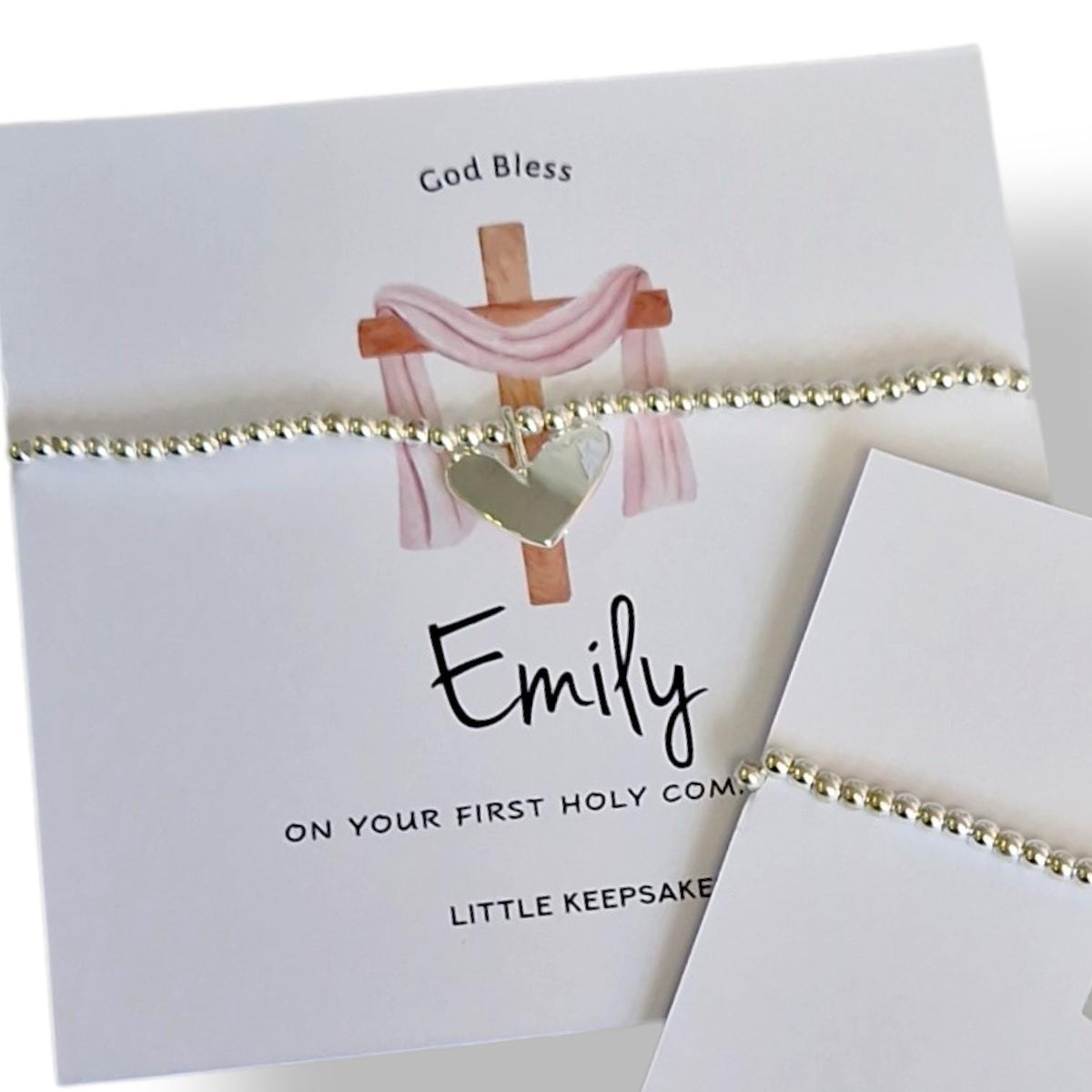 First Holy Communion, Personalised Bracelet: Silver Plated Heart Charm, God, Baptism