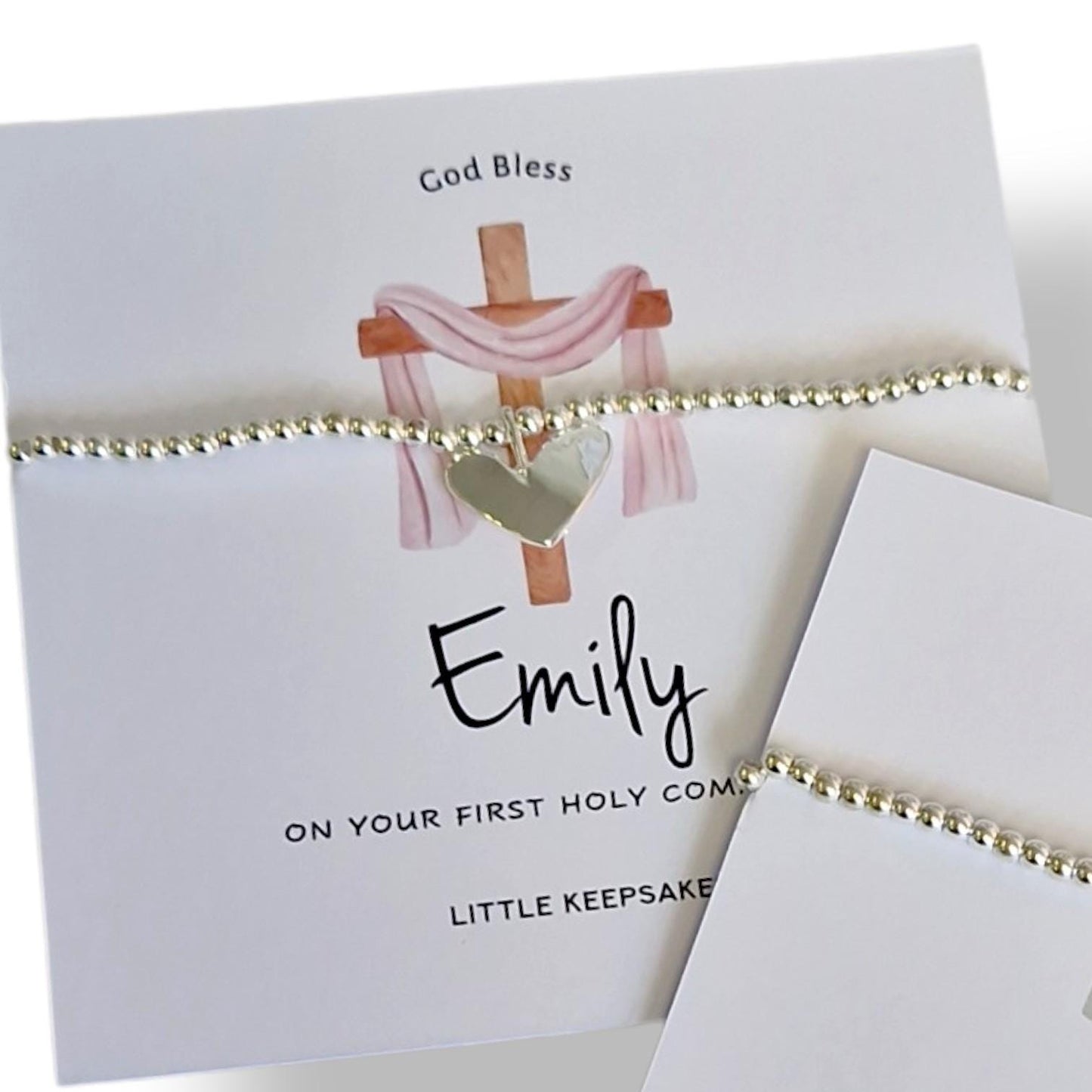 First Holy Communion, Personalised Bracelet: Silver Plated Heart Charm, God, Baptism