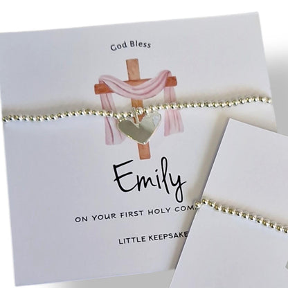 First Holy Communion, Personalised Bracelet: Silver Plated Heart Charm, God, Baptism