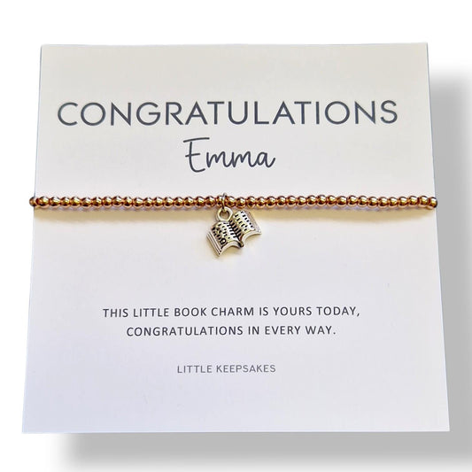 Congratulations Rose Gold Coloured Bracelet with Book Charm | Good Luck Gift, Graduation Bracelet | Book Lover Jewellery | New Chapter