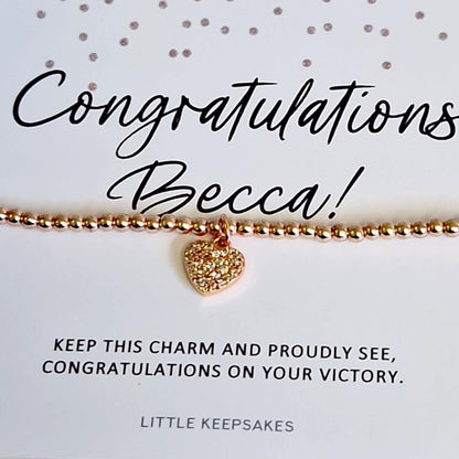 Congratulations Rose Gold Coloured Bracelet Diamante Heart Charm, Good Luck Gift for Her, Graduation, Friendship Jewellery, New Chapter