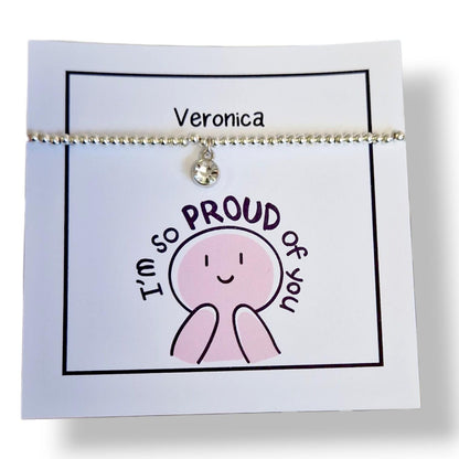 Proud of you Silver Plated Bracelet with Diamante Circle Charm | Good Luck Gift for Her, Graduation,friendship, New Beginnings Gift