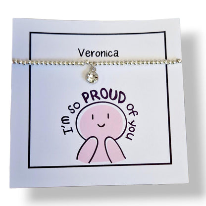 Proud of you Silver Plated Bracelet with Diamante Circle Charm | Good Luck Gift for Her, Graduation,friendship, New Beginnings Gift