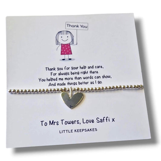 Thank you Gift - Personalised Silver Plated Charm Bracelet:Teacher, Mentor, Nursery, LSA, Classroom assistant
