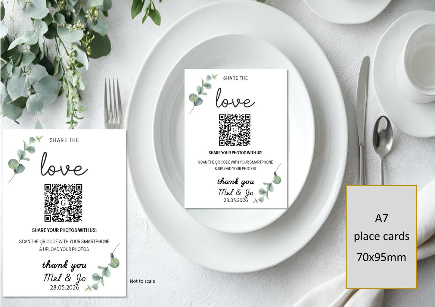 Wedding QR Code Photo Sharing Cards: Personalised Guest Keepsake (A7 Size 7x10 cm) - Share the Love Eucalyptus Design
