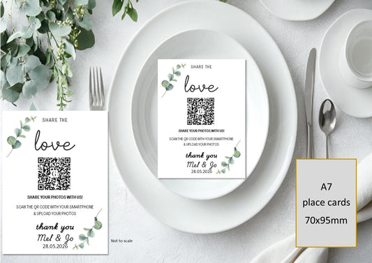 Wedding QR Code Photo Sharing Cards: Personalised Guest Keepsake (A7 Size 7x10 cm) - Share the Love Eucalyptus Design