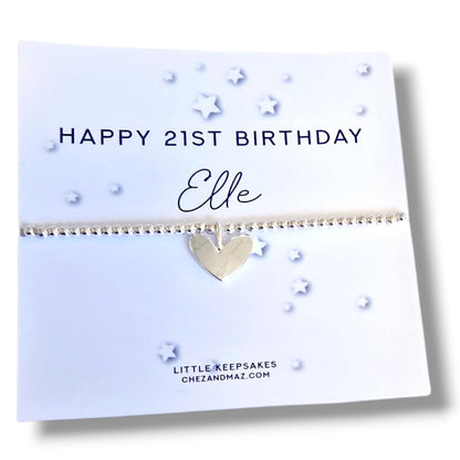 Personalised 21st Birthday Charm Bracelet: Silver Heart Keepsake, 21, twenty one, 21st gift