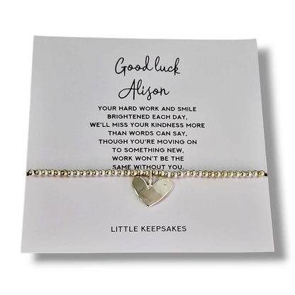 Good Luck Leaving Gift for Her – Silver Plated Heart Charm Bracelet – Farewell Bracelet for Best Friend or Colleague