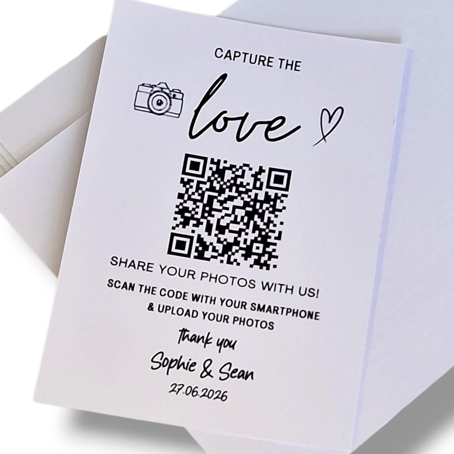 Wedding, Engagement, Birthday QR Code Photo Cards: A7 Guest Photo Sharing - Capture the Love - Personalised - Photo Sharing