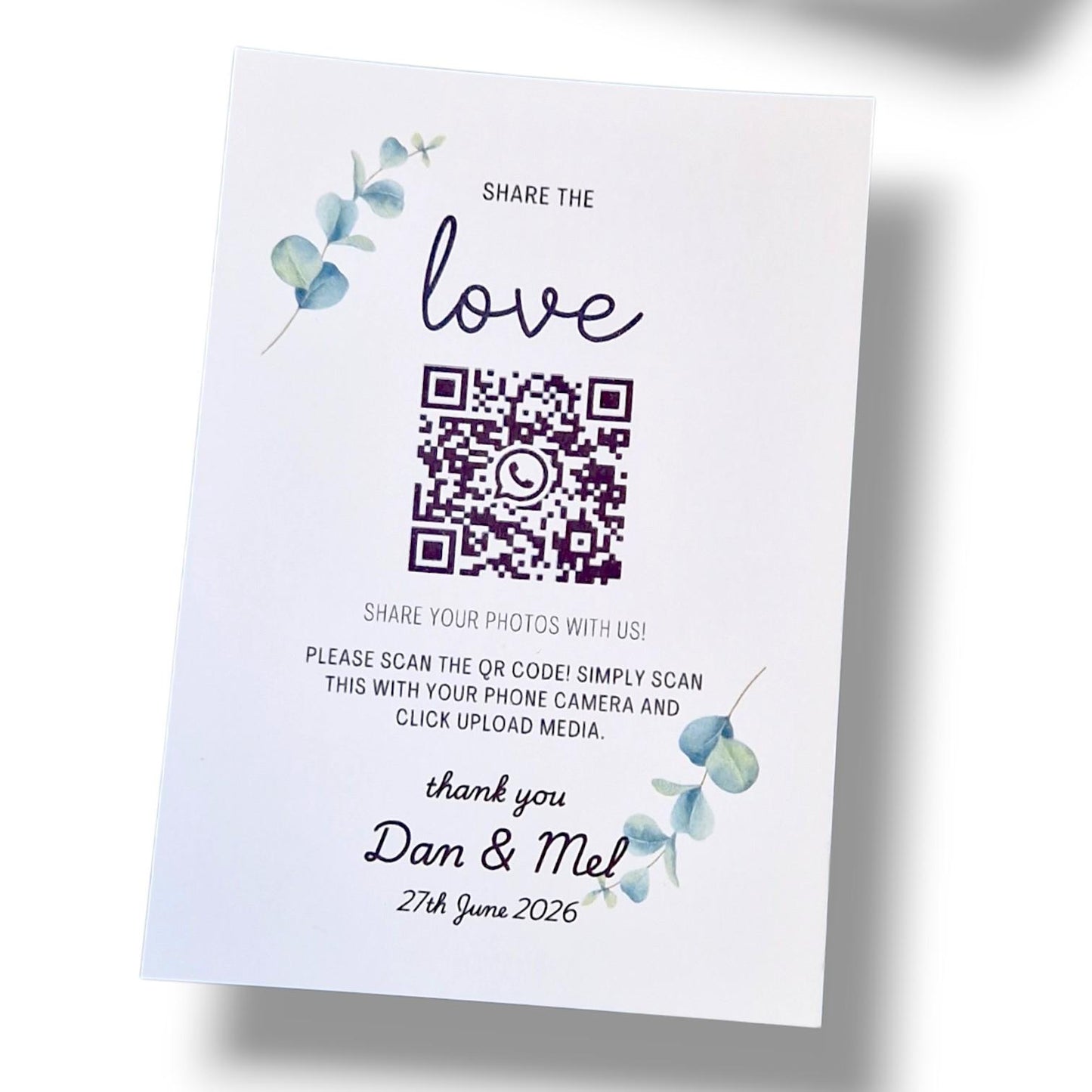 Wedding QR Code Photo Sharing Cards: Personalised Guest Keepsake (A7 Size 7x10 cm) - Share the Love Eucalyptus Design