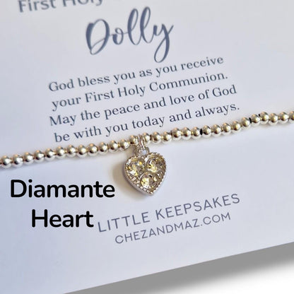 First Holy Communion Bracelet: Silver Plated Heart Charm, Personalised  - Baptism - God - Religious