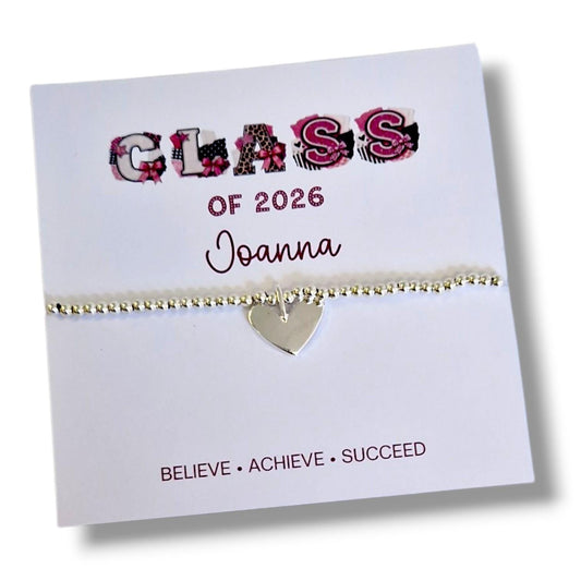 Class of 2026 Bracelet | So Proud of You Gift | Graduation Keepsake | Silver Beaded Stretch Bracelet | Circle or Heart Charm | End of School