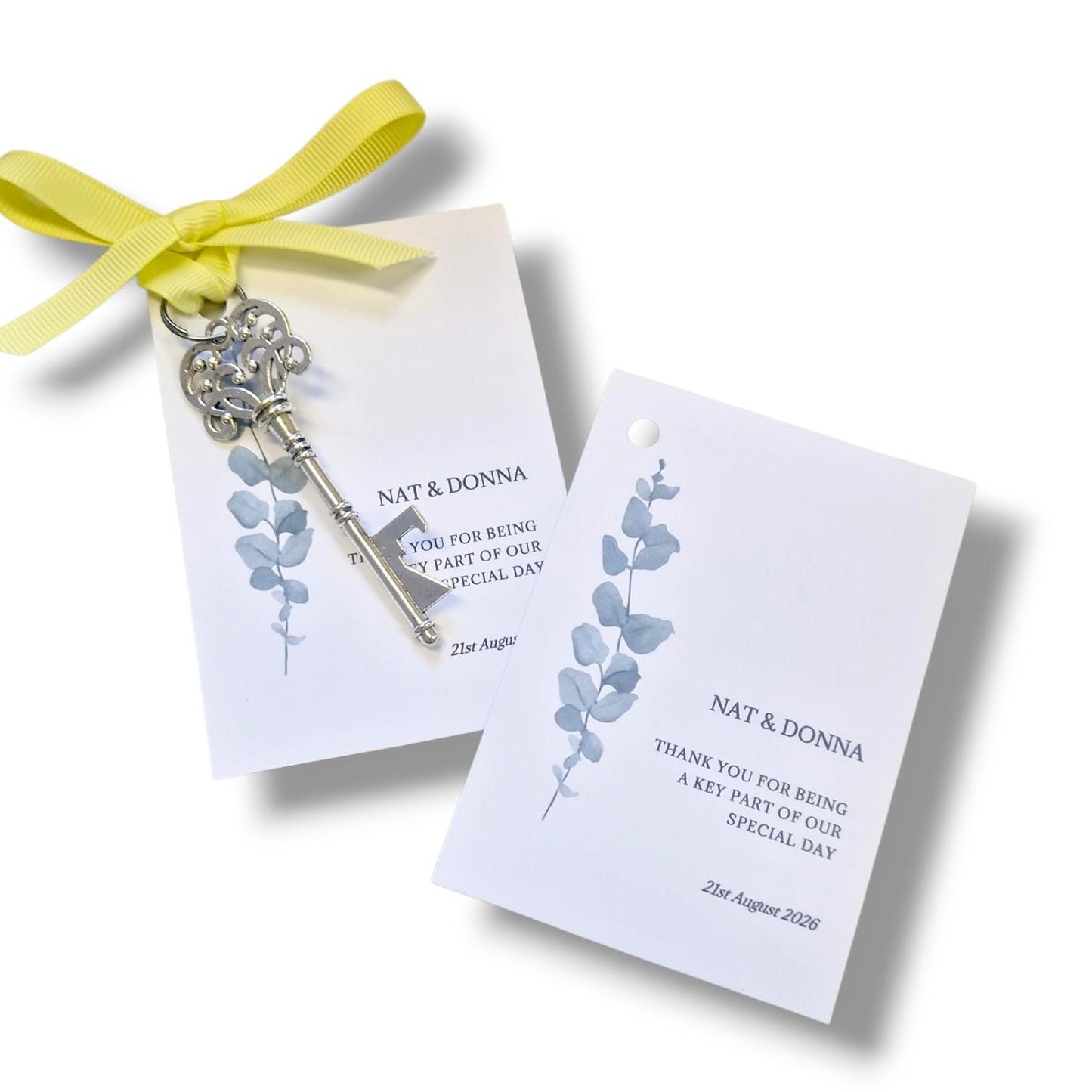 Personalised  Wedding Favor Key Bottle Opener Tag: Eucalyptus Thank You - key, tag and ribbon