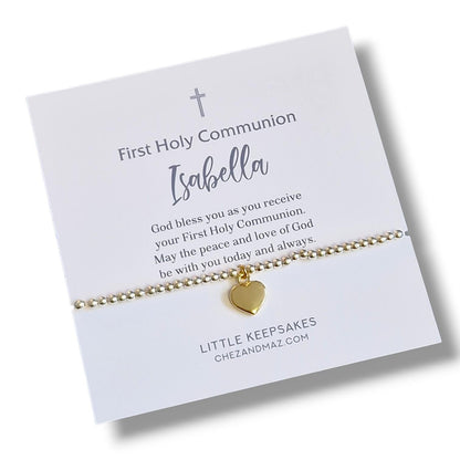 First Holy Communion Bracelet: Silver Plated Heart Charm, Personalised  - Baptism - God - Religious