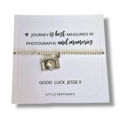 Travel Bracelet Leaving Gift  | Silver Plated Camera Charm Bracelet | Bon Voyage Gift | New Adventure Keepsake | Friendship Gift