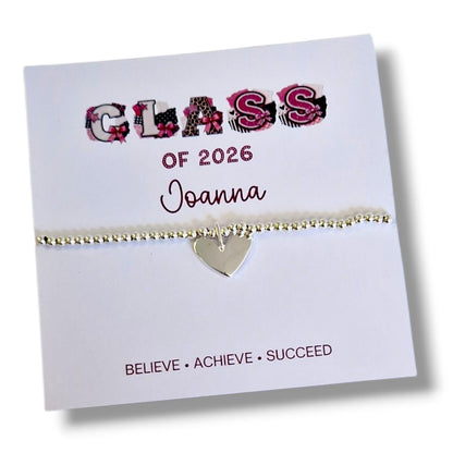 Class of 2026 Bracelet | So Proud of You Gift | Graduation Keepsake | Silver Beaded Stretch Bracelet | Circle or Heart Charm | End of School