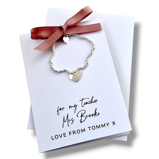 Teacher, Coach, Mentor Greeting Card with Silver Plated Heart Charm Bracelet | Thank You Teacher Card | Appreciation Gift Card